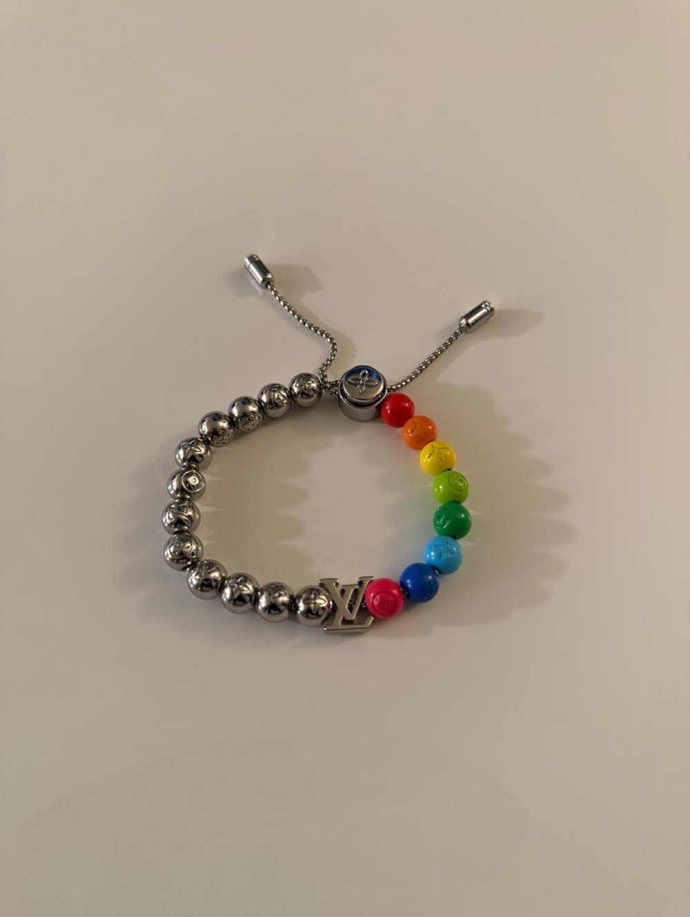Louis Vuitton LV Rainbow Bead Bracelet Adjustable Silver Tone Authentic